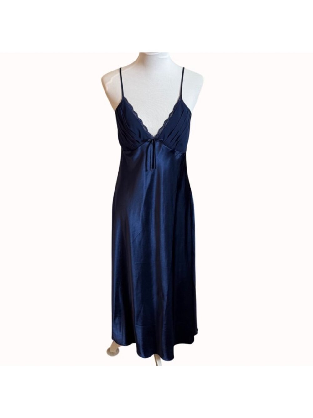 Luxe Blue Satin Maxi Nightgown Size 2XL Lace V Neck Spaghetti Strap Sleepwear